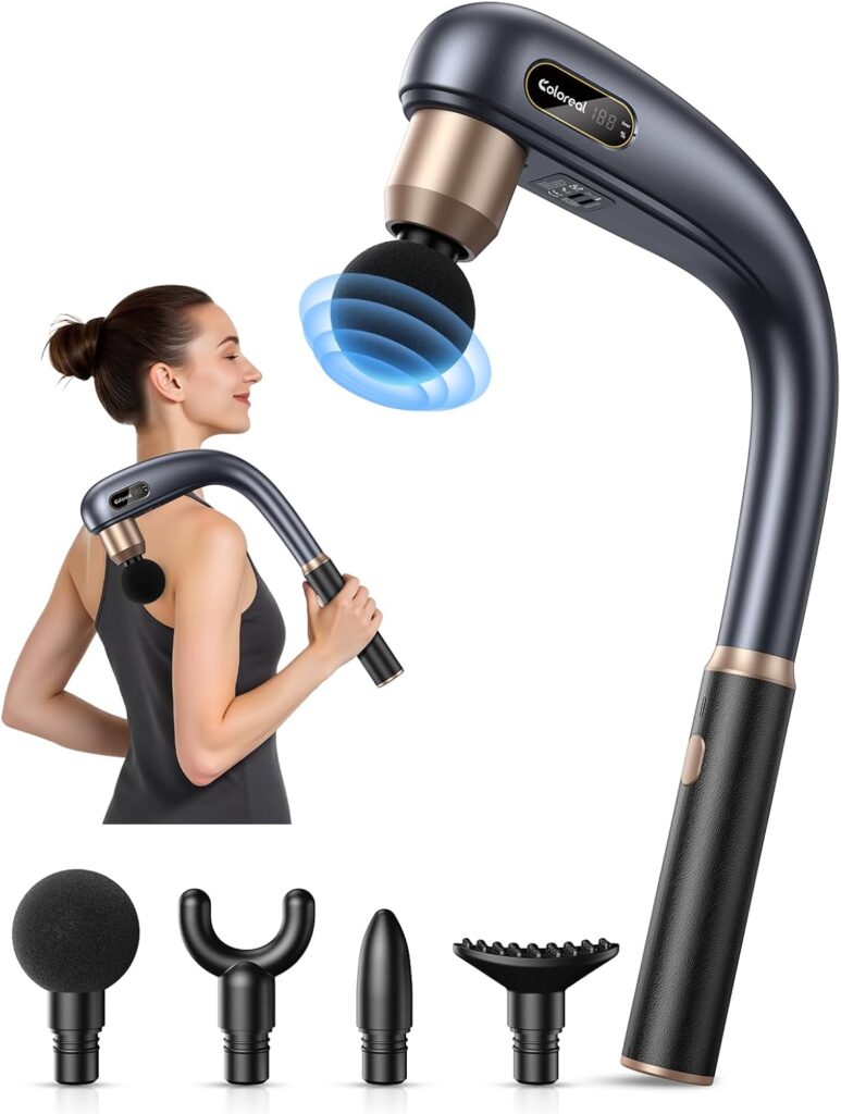 Massage Gun with Extended Handle, Back Massager for Pain Relief Deep Tissue, Handheld Percussion Massager Gun with 4 Massage Heads and 3 Modes, Full Body Massage for Neck Shoulder Waist Leg Muscle