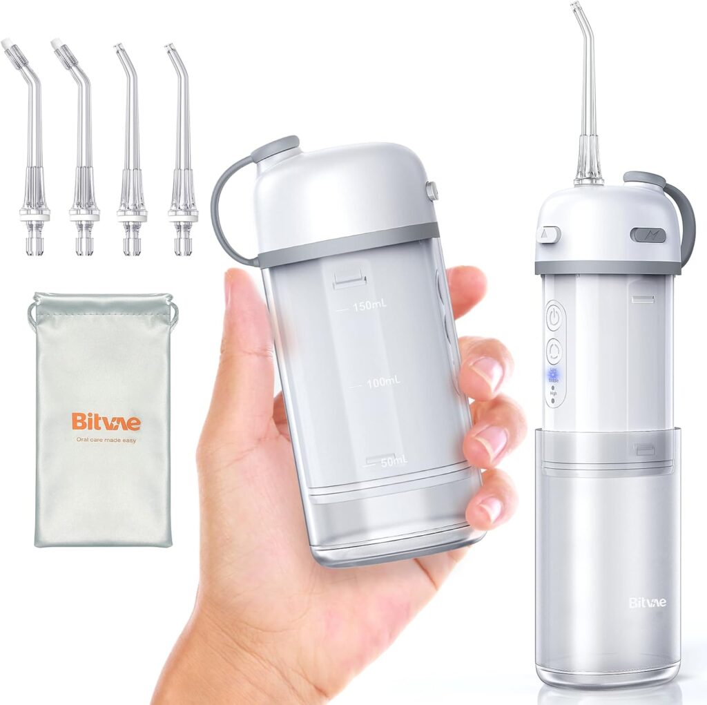 Bitvae P1 Water Flosser for Teeth, Portable Mini Water Flosser, Cordless Water Teeth Cleaner Picks with Telescopic Water Tank, Type-C Rechargeable Oral Irrigator for Travel & Home, Silver White