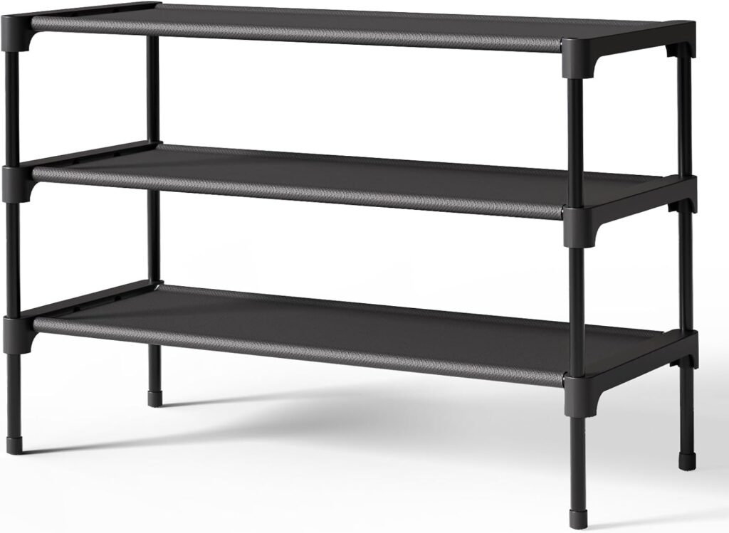 Kitsure Shoe Rack – Non-Woven Shoe Rack Shelf, Shoe Organizer for Closet, Entryway, Garage & Corridor, Stackable Shoe Shelves, 27.5″ Wide – 3 Tier, Black