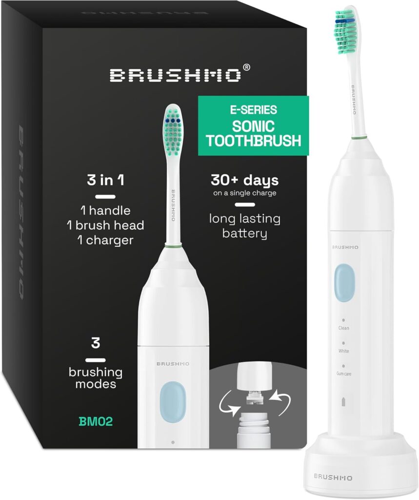 Brushmo e-Series Electric Sonic Toothbrush – Rechargeable Screw-On Electronic Tooth Brush for Adults with 3 Modes & Timer – IPX7 Waterproof, Long-Lasting Battery & Wireless Charging Base – White