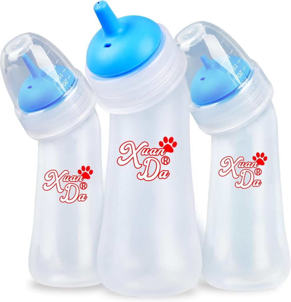 Pet Feeding Bottle,3 Pack Wide Mouth Angled Nursing Bottle, 3 Sizes Nipples with Ventilation Valve Resistant Tearing Perfect for Puppies, Kittens, Small Wildlife（Blue）
