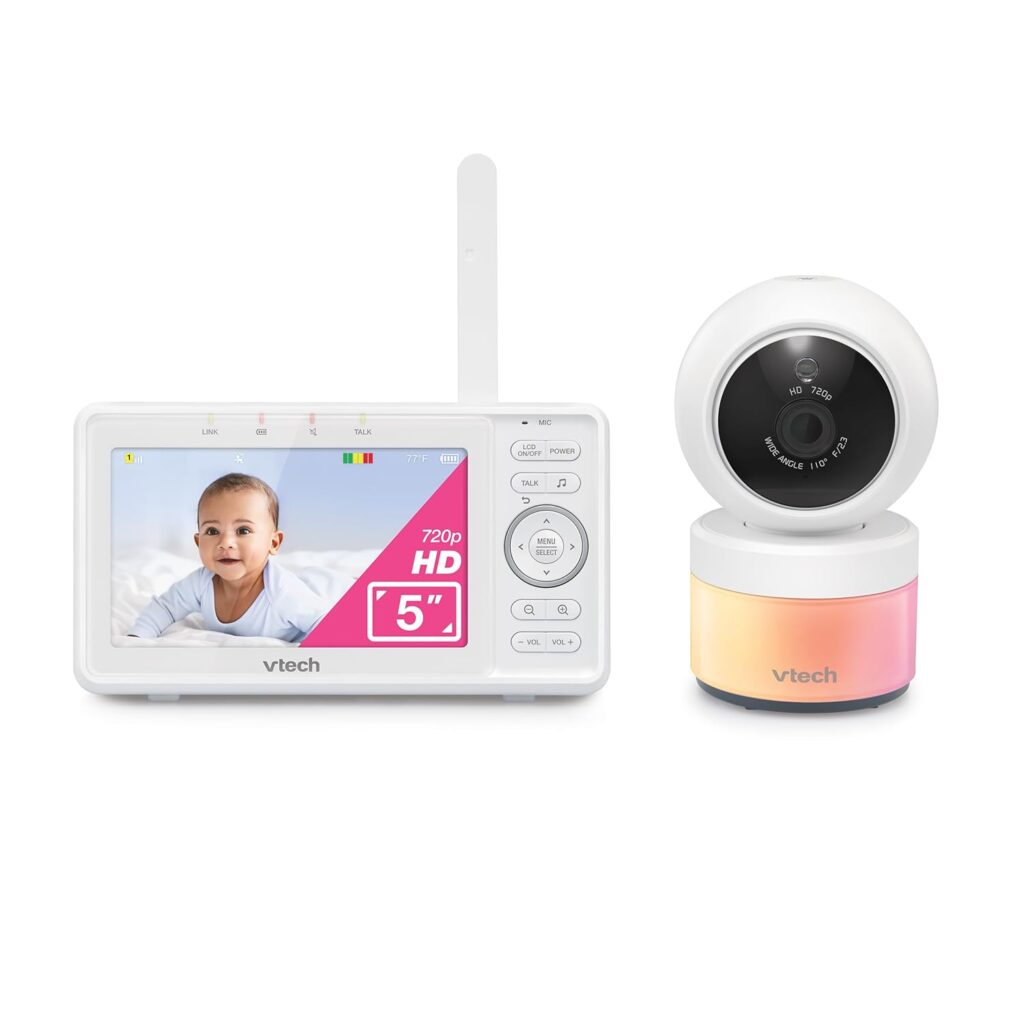 VTech Video Baby Monitor with Camera and Audio, 5″ HD LCD Screen, Pan-Tilt-Zoom, 2-Way Talk, VOX Mode, Night Lights, Lullabies, Soothing Sounds, Temperature sensor, Long Range, No WiFi: VM5263 (White)