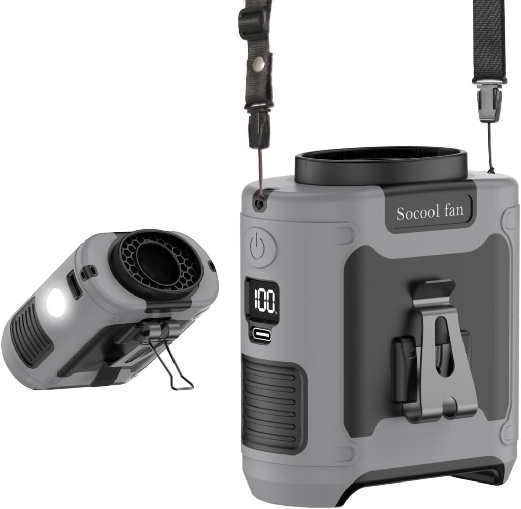 Socool 10000mAh Portable Waist Fan Clip on Wearable Belt Personal Fan Rechargeable Battery operated With 5 Speeds & Flashlight Neck Hands-Free 40H Cooling For Outdoor Camping Travel (Gray）