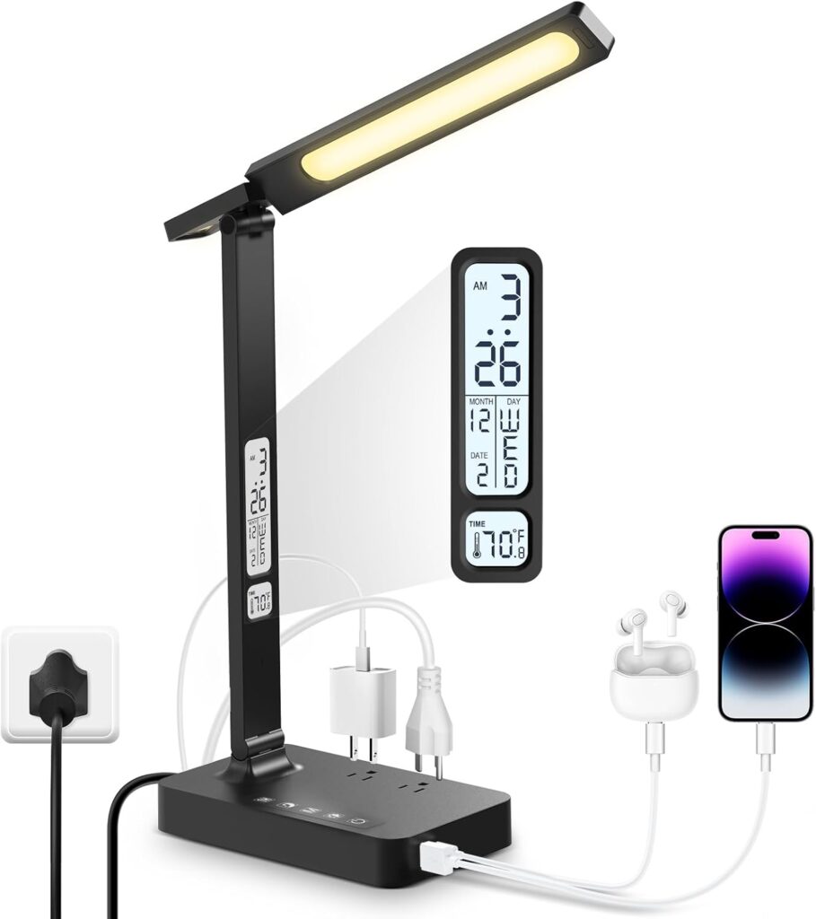 Infiway Desk Lamp with USB Charging Port: LED Eye-Caring Smart Table Light for Home Office – 1 Type-C, 1 USB-A Charging Port, 2 AC Power Outlets
