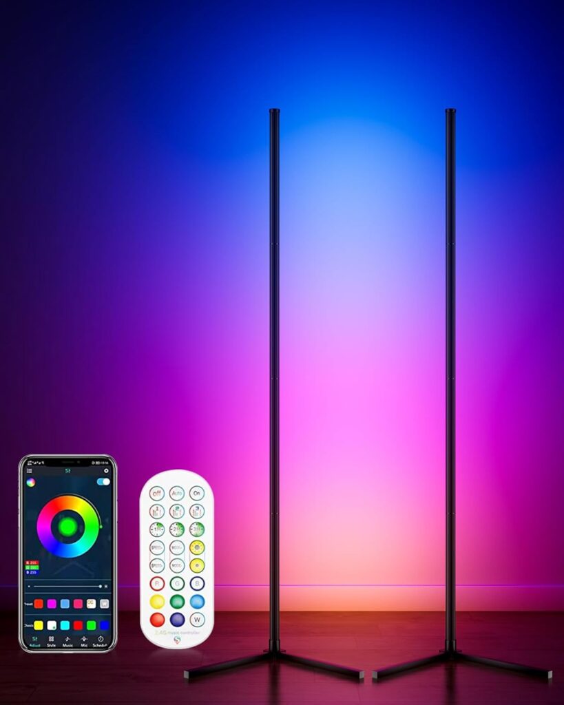 2PCS Corner Floor Lamp, 65″ Smart RGB Color Changing LED Floor Lamp with APP and Remote Control, Modern Mood Lighting Corner Lamp with Music Sync, DIY Mode & Timing for Living Room Gaming Room