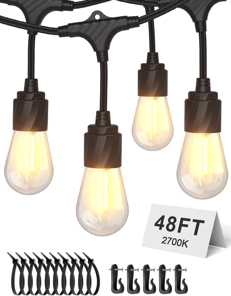 XMCOSY+ 48FT Outdoor String Lights Waterproof – LED Patio Hanging Lights for Outside Porch Backyard Gazebo Garden, Commercial Grade 16 Edison Bulbs