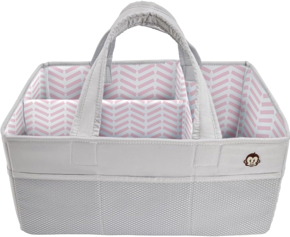 MIGHTY MONKEY Oversized Stain Resistant Baby Diaper Caddy Organizer with Handle, Adjustable Mesh Storage Bin Compartments for Diapers, Baby Wipes, Newborn Changing Table Nursery Essentials, Gray Pink