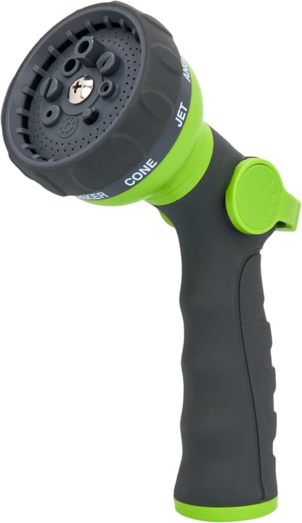 Garden Hose Spray Nozzle, Water Sprayer with 8 Adjustable Patterns, Impact Resistant and Non-Slip for Watering Plants, Car Washing, Pets Bathing and Cleaning (Green+Grey)