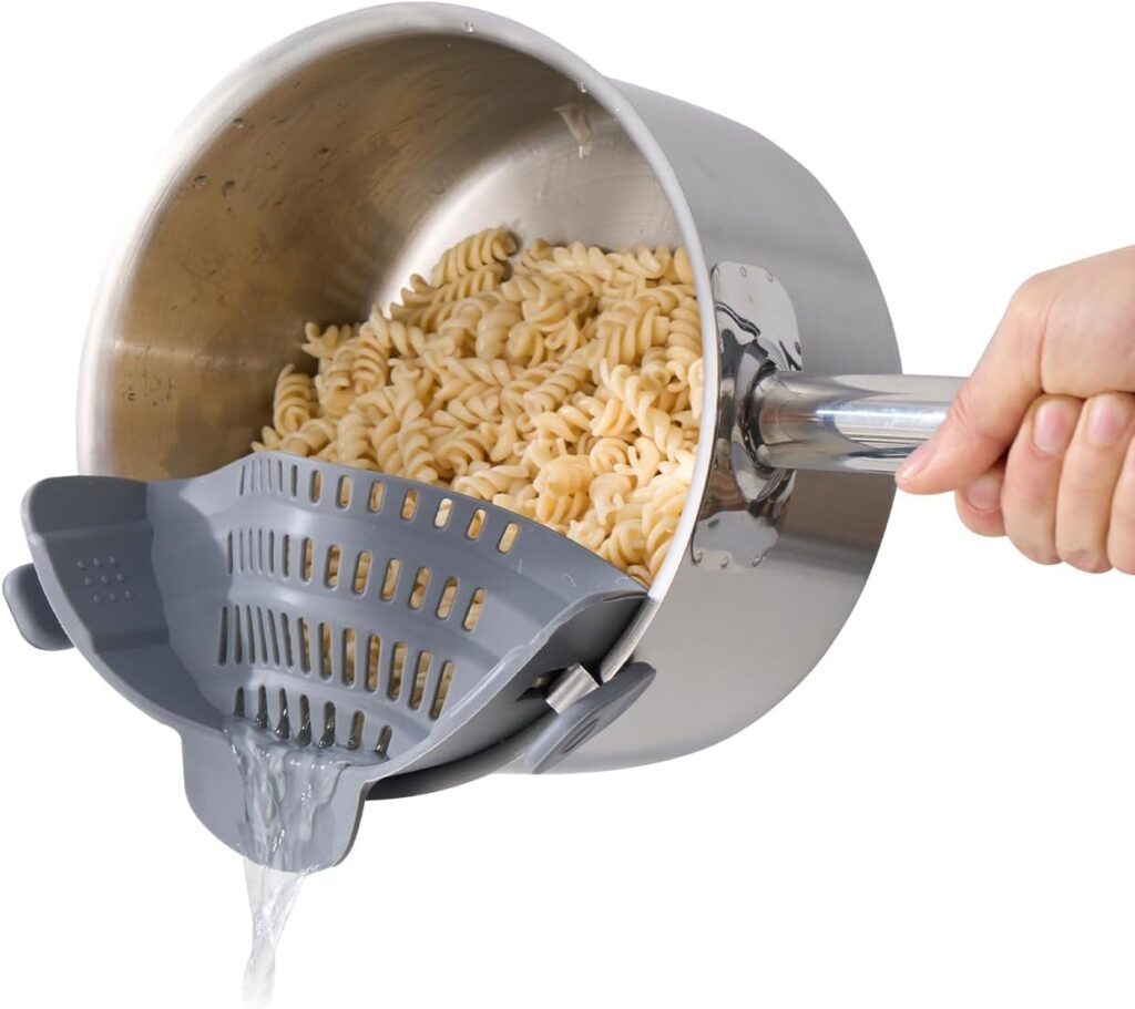 S&F Homes Silicone Clip On Strainer for Pots and Pans – Heat Resistant, Food, Noodle, Meat, Fruits, Vegetables and Pasta Strainer – Versatile Kitchen Gadget and Colander (Gray)