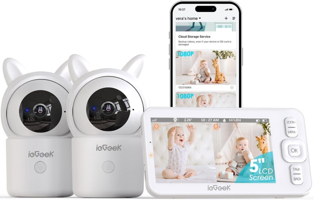 ieGeek Baby Monitor with Camera and Audio, 5″ Split Screen HD Video Monitor – Secure WiFi Baby Camera with Night Vision, 2-Way Talk, Motion Detection, Temperature&Humidity Sensor, Privacy Protection