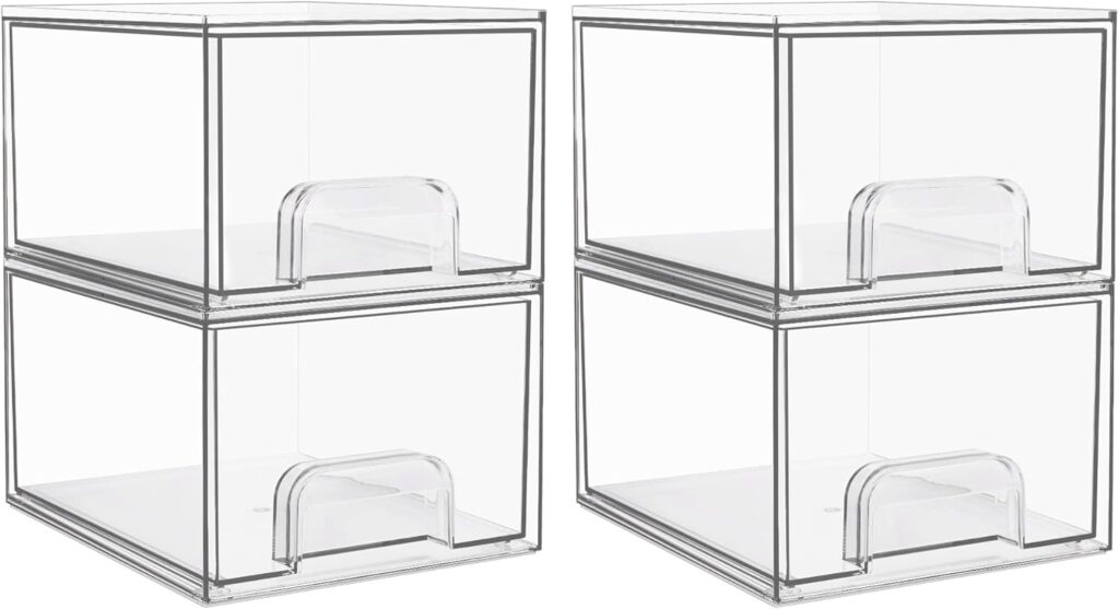 Vtopmart 4 Pack Clear Small Stackable Storage Drawers,Acrylic Bathroom Makeup Organizer,Plastic Storage Bins For Vanity, Undersink, Kitchen Cabinets, Pantry, Home Organization