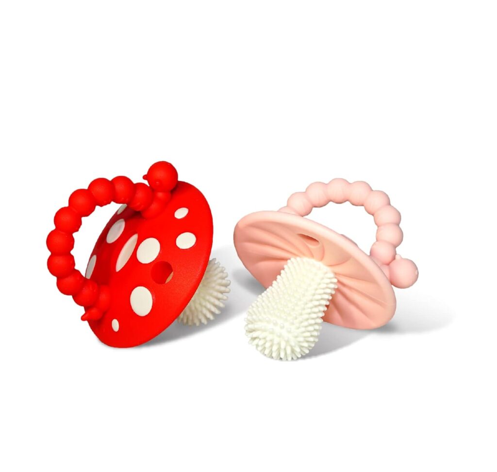 RaZbaby Soft Silicone Infant & Baby 3M+ Teether Toy Massaging Bristles Teething Relief Pacifier – Soothes Sore Gums – Hands-Free & Easy-to-Hold Chompy Teether, BPA Free (RED/Pink)