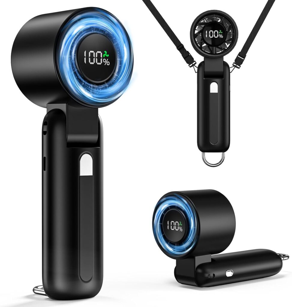 4 in 1 Turbo Handheld Fan – 100-Speed Adjustable, 160° Flexible Head, 5000mAh Battery, 7-Blade Cooling – Portable, Foldable & Carabiner Clip for Travel, Office, Camping (Black)