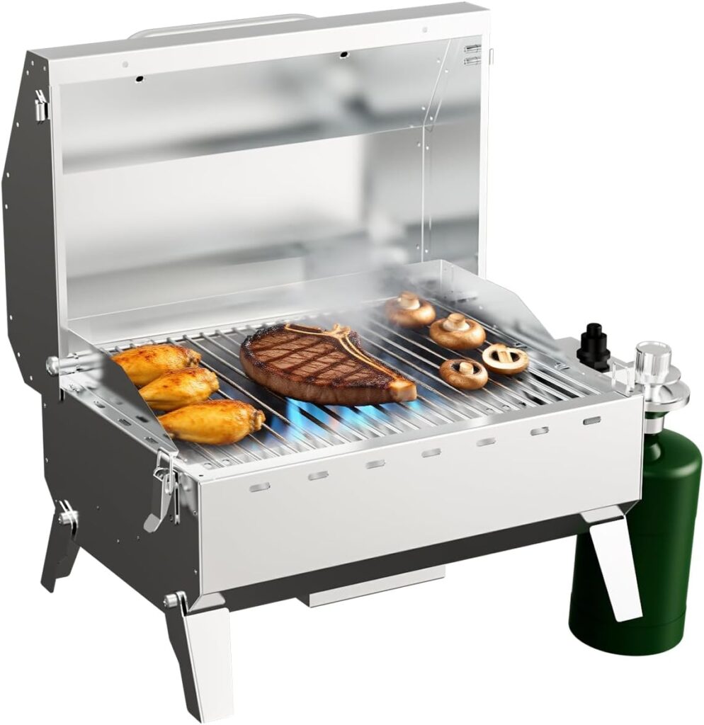 Portable Propane Gas Grill Tabletop, Burner Stainless Steel Propane Grill with Folding Legs & Locking Lid for Camping, Tailgating, Outdoor BBQ 10,000 BTU