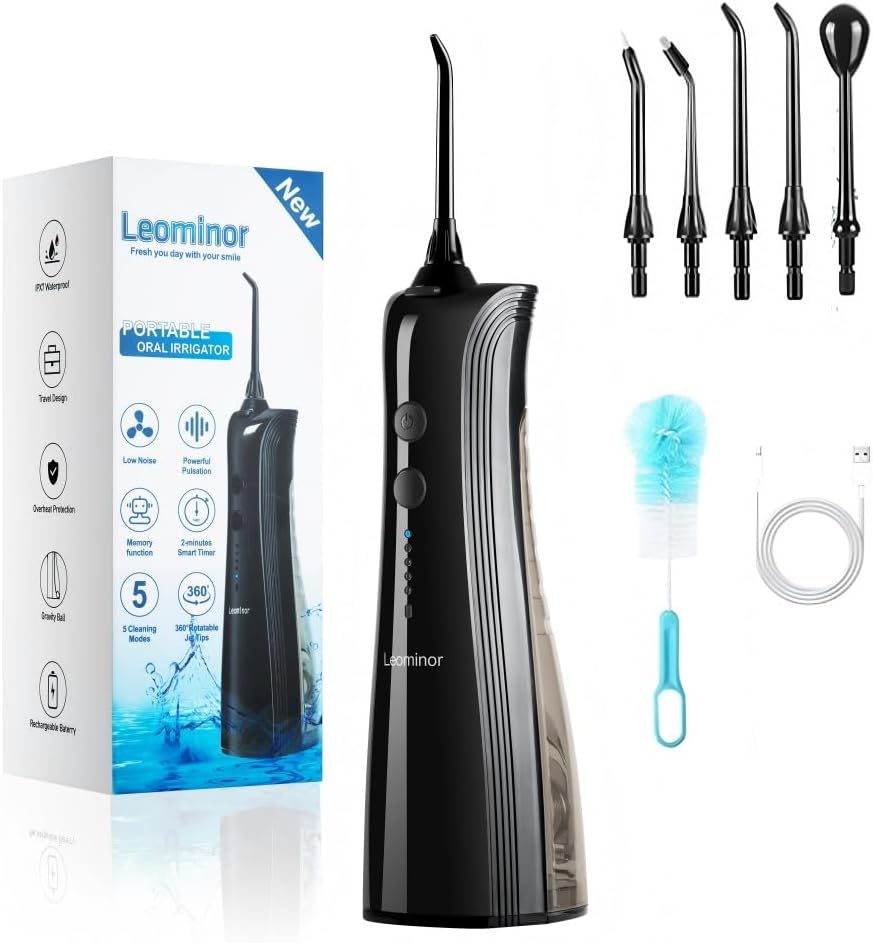 Leominor Water Dental Flosser – 5 Modes Cordless Portable Oral Irrigator, IPX7 Waterproof, Rechargeable Teeth Cleaner Upgrade Datchable Tank Professional Flossing Cleaning Pick for Home Travel (Black)