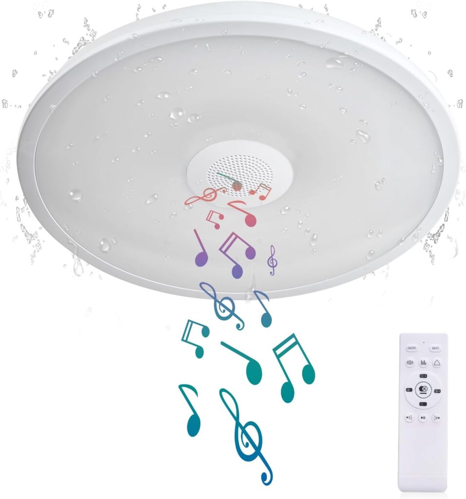 Smart Waterproof LED Flush Mount Ceiling Light Fixture,with Bluetooth Speaker,11 Inch,18 watt,Dimmable Music Lamp,RGB Color Changing Light with Remote Control,for Bathroom,Shower,Bedroom