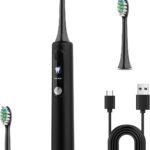 Electric Sonic Toothbrush for Adults, Men & Women, Teens – Rechargeable & Battery Powered Travel Toothbrush with Smart Timer, Waterproof, USB Type-C Charging, 2 Brush Heads, Black