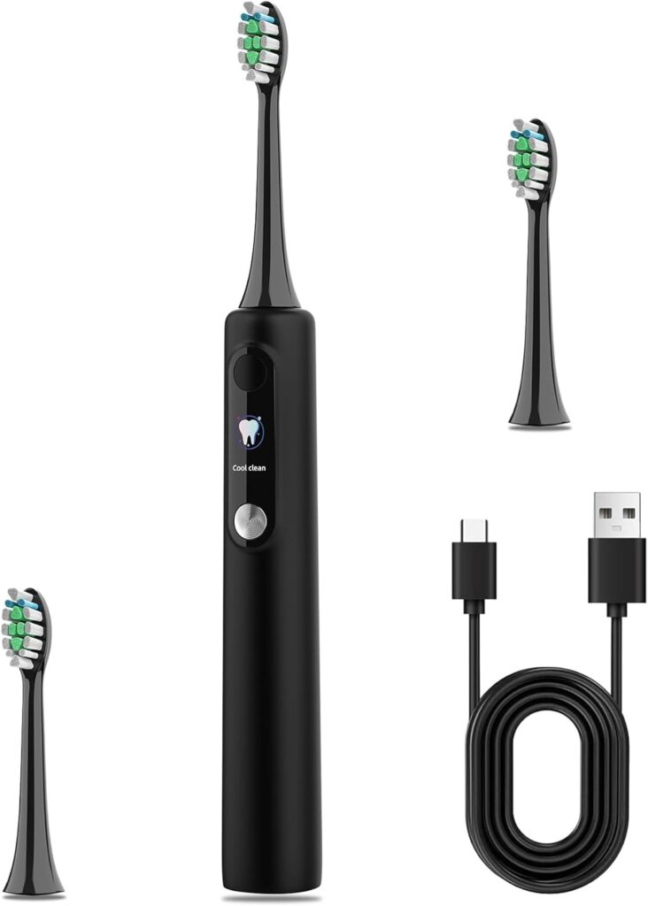 Electric Sonic Toothbrush for Adults, Men & Women, Teens – Rechargeable & Battery Powered Travel Toothbrush with Smart Timer, Waterproof, USB Type-C Charging, 2 Brush Heads, Black