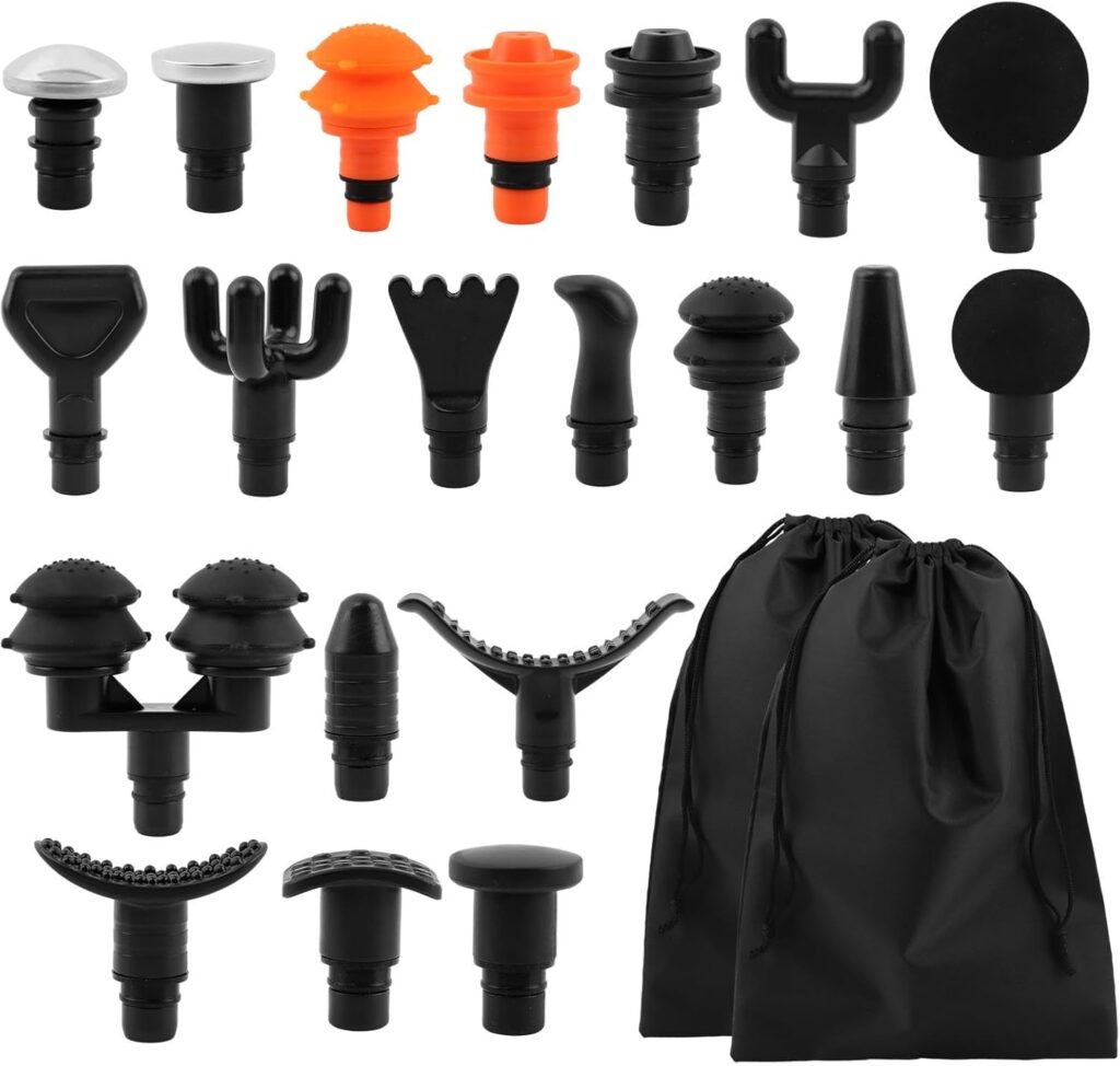 Massage Gu-n Attachments, 20pcs Relaxation Massager Heads with 2pcs Drawstring Bag Different Massager Heads to Meet Different Needs for Deep Tissue Percussion Plug and Play(Black)