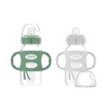 Dr. Brown’s Milestones Wide-Neck Sippy Spout Bottle with 100% Silicone Handles, Easy-Grip Handles with Soft Sippy Spout, 9oz/270mL, Green & Gray, 2-Pack, 6m+