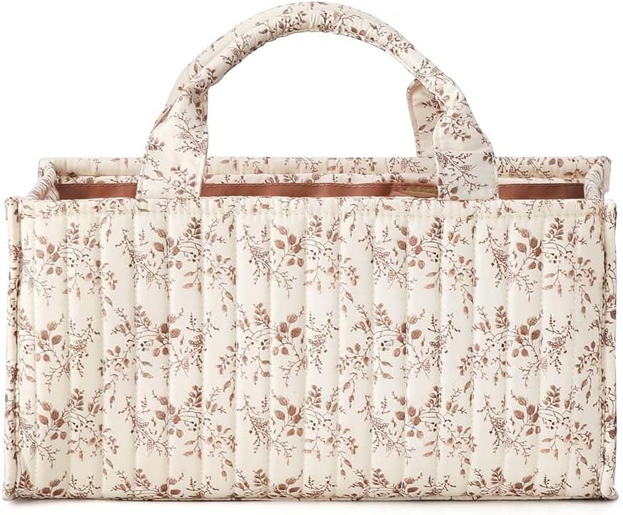 MOMIGO Floral Baby Diaper Caddy Organizer – Stylish Water-resistent Nursery Storage Basket for Diapers and Baby Wipes, Diaper Stacker Car Organizer, newborn nursery Gift (Orange)