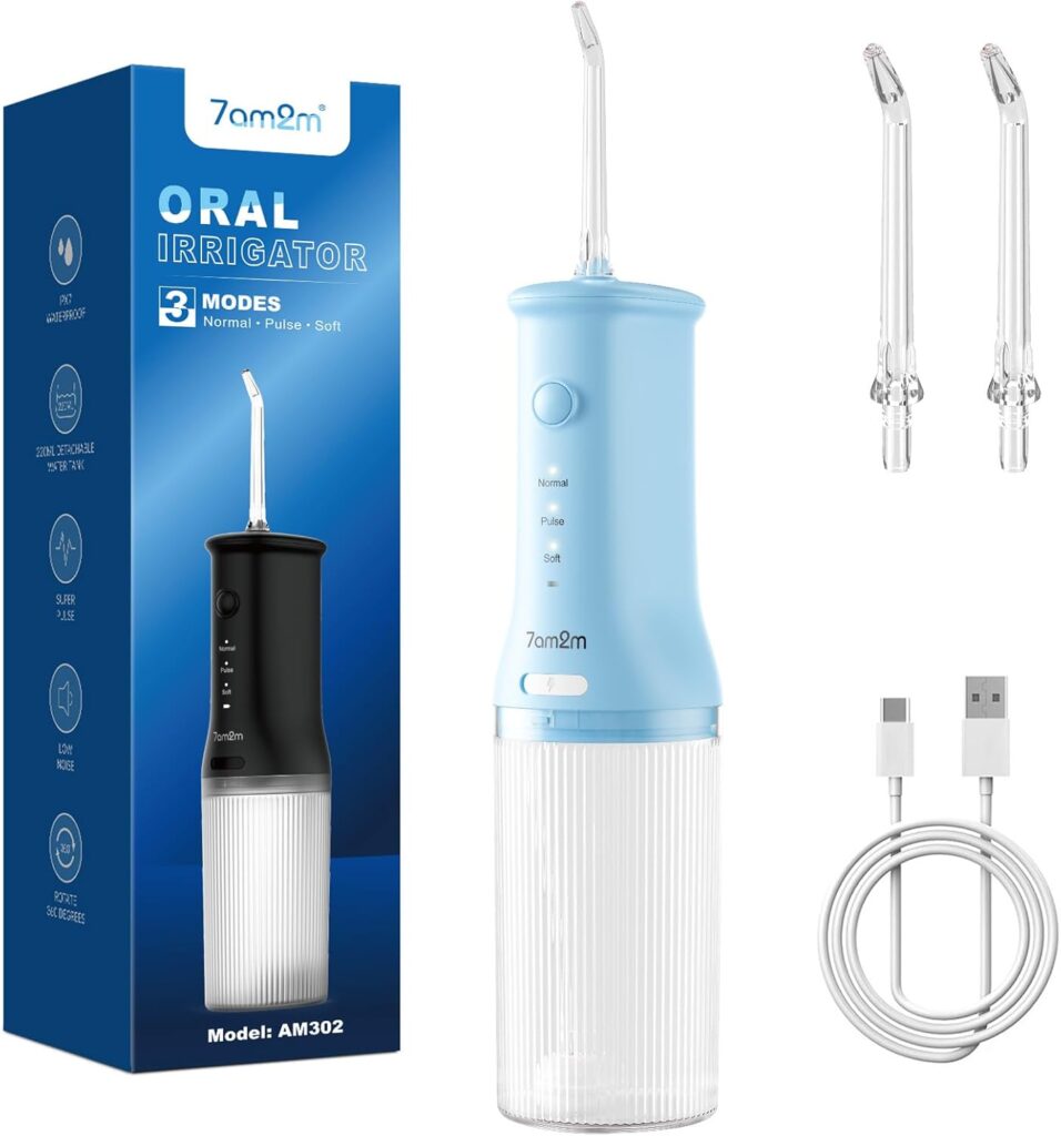 7AM2M Portable Water Flosser Cordless, Water Flosser with 3 Modes and 2 Jet Tips, USB C Rechargeable, IPX7 Waterproof, Dental Water Flosser for Travel and Home Use (Light Blue)