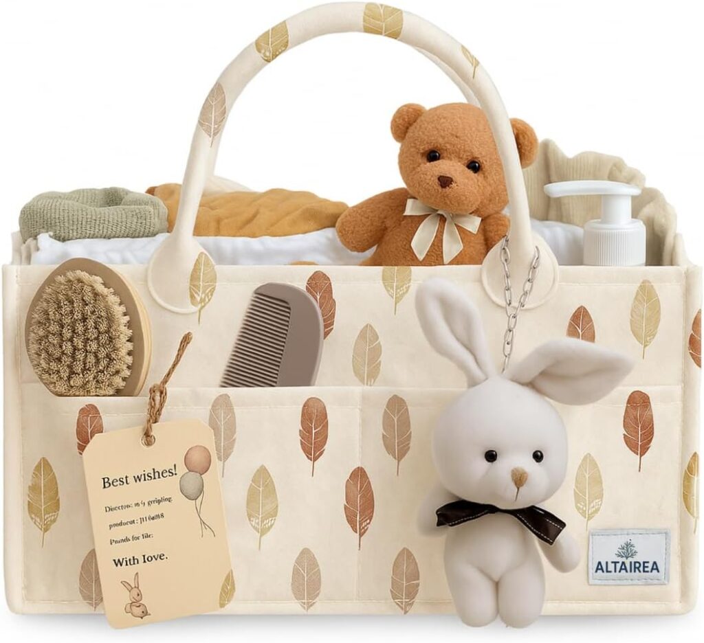 Baby Diaper Caddy Organizer with Plush Toy – Portable Felt Storage Caddy for Nursery, Car, and Changing Table – Baby Organizer Basket, Diaper Organizer, Baby hamper, Baby Shower or Newborn Gift