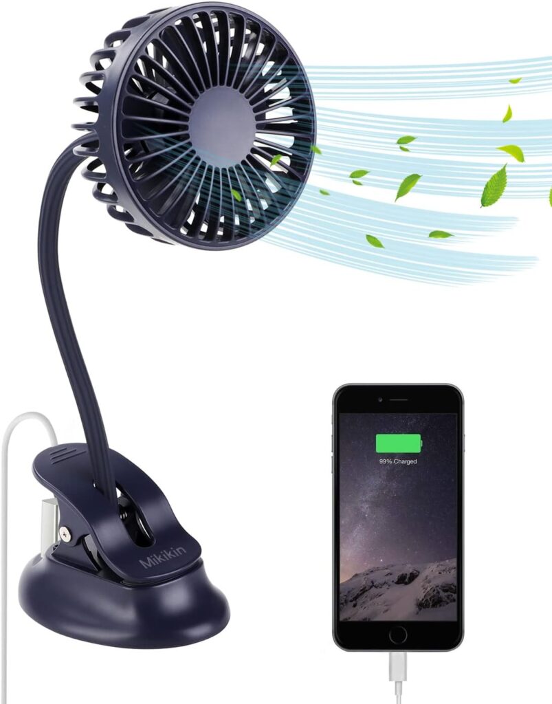 Clip on Small Mini Fan, Portable Usb Battery Operated Rechargeable Quiet Personal Desk/ Baby Stroller Fan 3 Speeds Flexible Neck Great for Bed Office Car Dorm Travel Camping Beach