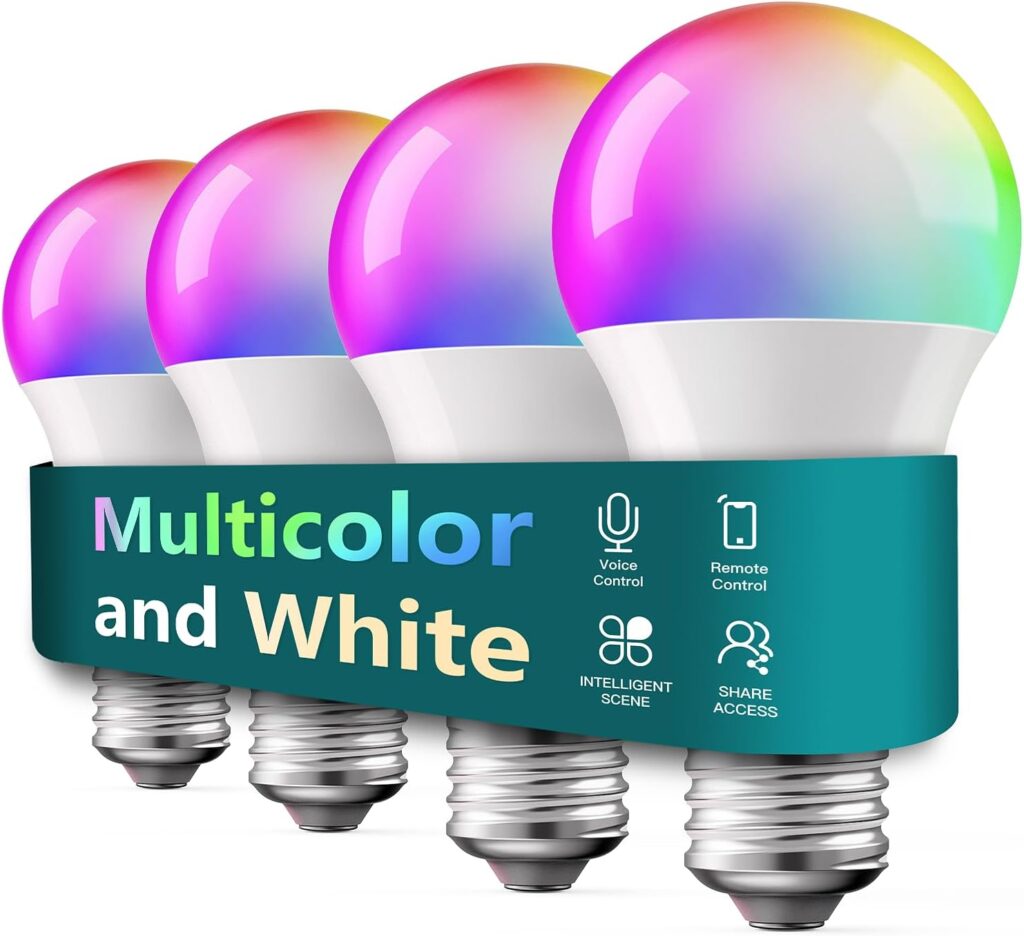TREATLIFE Smart Light Bulbs 4 Pack, UL Certified 2.4GHz Color Changing Light Bulb, Works with Alexa Google Home, A19 E26 Dimmable LED Light Bulb 9W 800 Lumen for Party Decoration, Smart Home Lighting