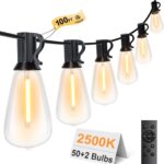 100FT Remote Outdoor String Lights for Outside, 50+2 LED Waterproof Shatterproof Edison Dimmable Timer Bulbs, 2500K Warm White Patio Lights for Garden Backyard Yard Hanging Lighting