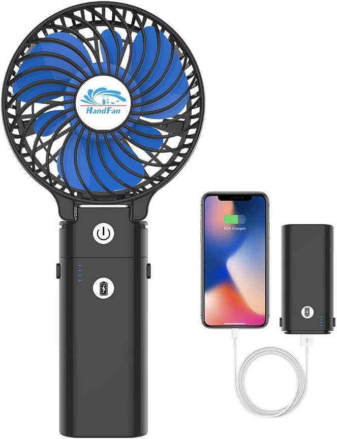 HandFan 5200mAh Portable Handheld Fan Rechargeable with Power Bank-3 Speeds Foldable Personal Cooling, 2-IN-1 Hand Held Fan Battery Operated, 20H Runtime for Travel/Summer/Concerts/Women (Black&Blue)
