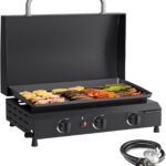 SKOK 3 Burner Gas Griddle with Hood- 23.3 Inch Outdoor Propane Griddle-45000 BTU Propane Fuelled, Portable Flat Top Gas Grill Camping Griddle with Lid for Kitchen, Outdoor BBQ, Camping