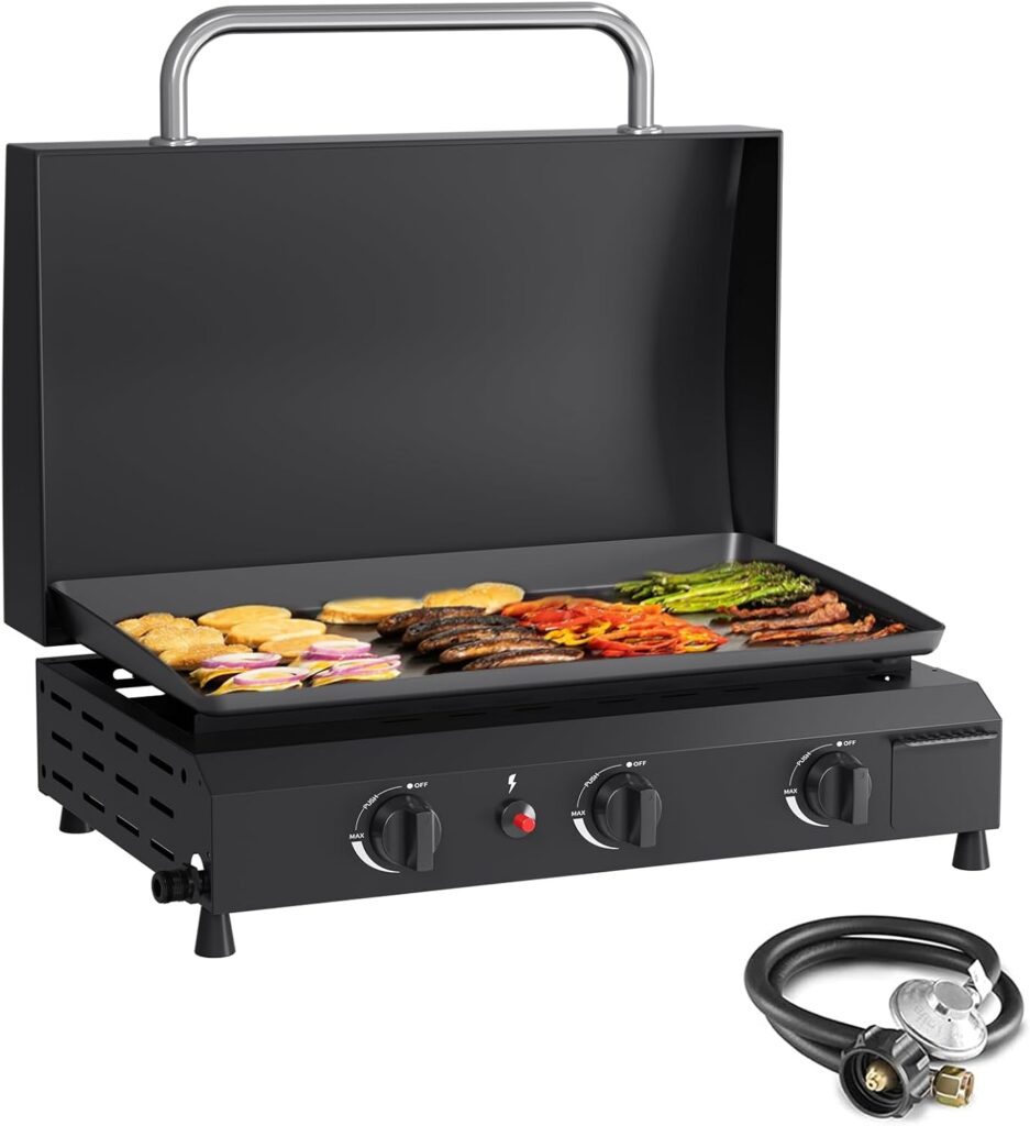 SKOK 3 Burner Gas Griddle with Hood- 23.3 Inch Outdoor Propane Griddle-45000 BTU Propane Fuelled, Portable Flat Top Gas Grill Camping Griddle with Lid for Kitchen, Outdoor BBQ, Camping