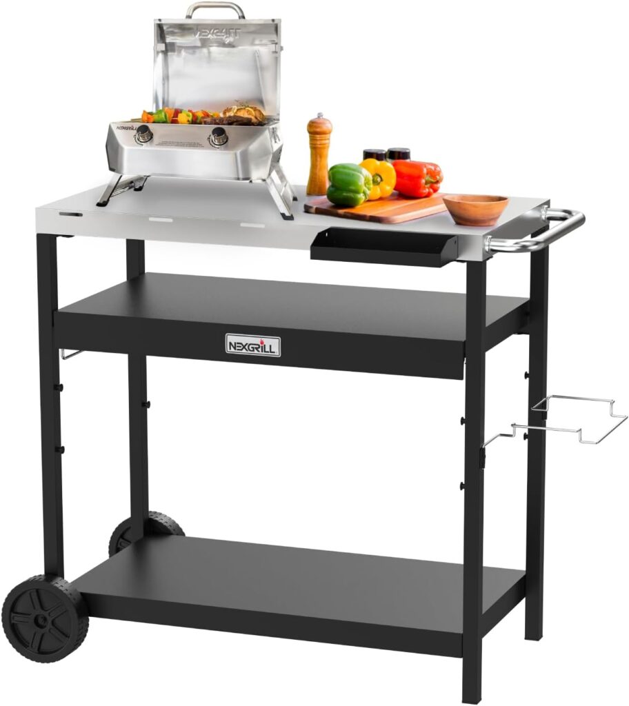 Nexgrill Large Stainless Steel Grill Table with Double Shelf for Griddle, 46″ L x 24″ W x 40″ H, 648 Sq. in., Portable Grill Cart with Side Handle, Paper Towel, and Trash Bag Holder – 880-0016D