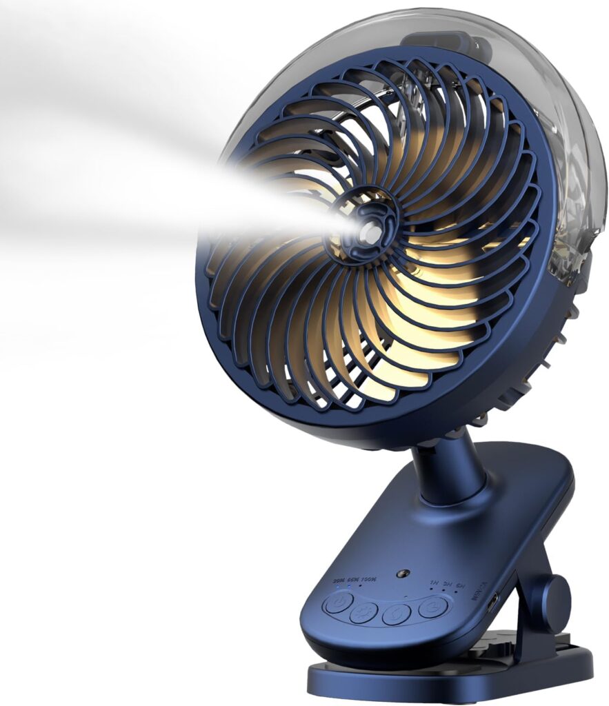 Portable Misitng Fan, 8000mAh Battery Operated Clip On Fan with Clip for Desk, Auto Oscillating, 3 Speeds, 2 Mist Modes with Remote, Working Time for Home Stroller Office and Outdoor