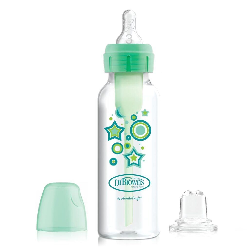 Dr. Brown’s Anti-Colic Options+ Narrow Sippy Bottle Starter Kit, 8oz/250mL, with Level 3 Medium-Fast Flow Nipple and Soft 100% Silicone Sippy Spout, Green, BPA Free, 6m+