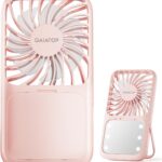 Gaiatop Portable Handheld Fan, 3 Speed LED Makeup Mirror with Light, Folding Stand for Desktop, Rechargeable Mini Personal Fans Small Travel Essentials Gifts for Women Girls