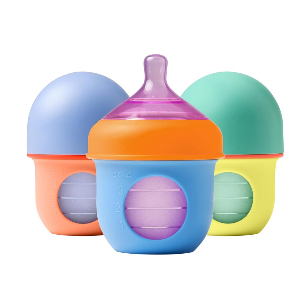 Boon Nursh Reusable Silicone Pouch Baby Bottles – Slow Flow Nipple – Silicone Baby Bottle Pouch and Nipple – Baby Feeding Essentials – Color Block – 0-3 Months – 3 Count – 4 Ounce