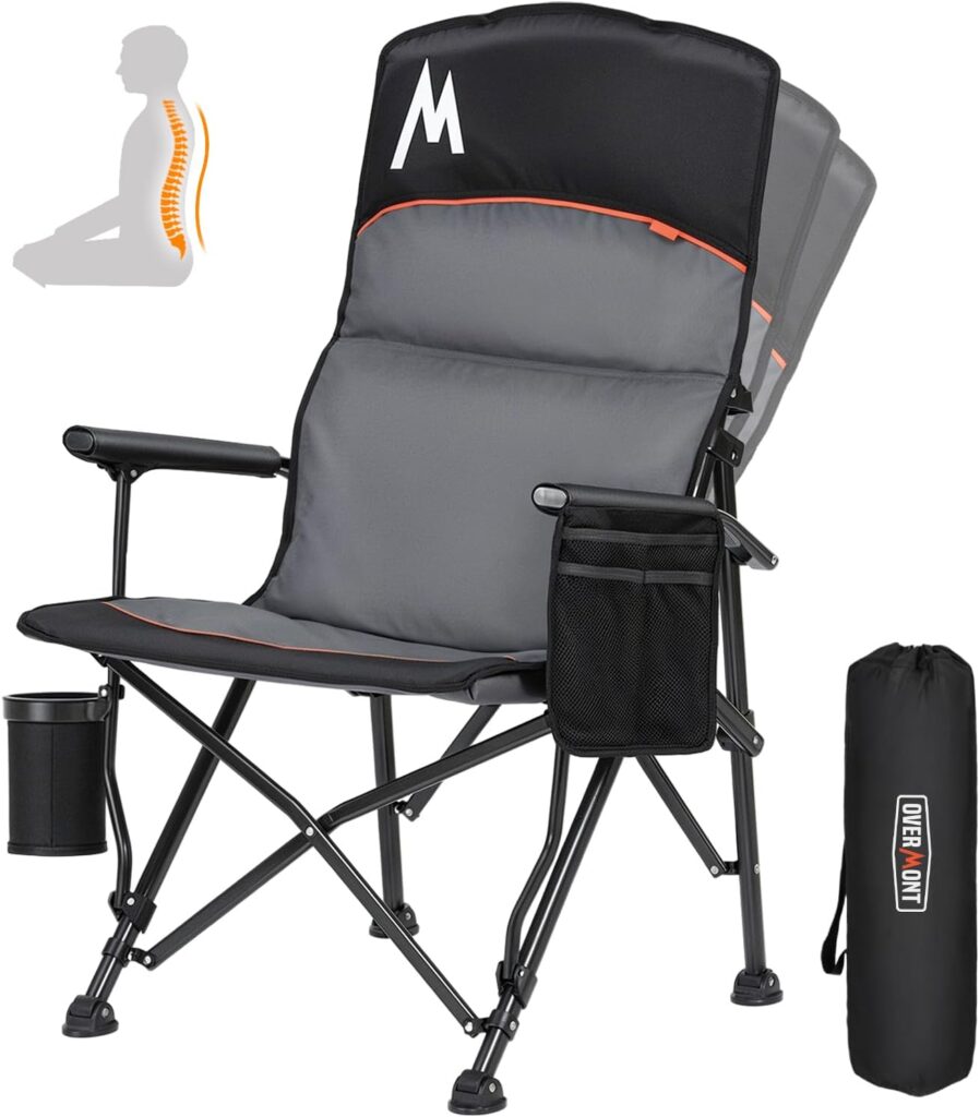 Overmont Back Support Camping Chair for Adults – Oversized with Adjustable High Backrest – Heavy Duty Folding Chair Supports 450 LBS – Cup Holder & Side Pocket – Perfect for Outdoor, Lawn, Beach Use