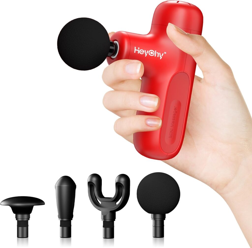 Super Mini Massage Gun Deep Tissue with 4 Attachments, Handheld Portable Mini Travel Size Percussion Deep Tissue Massager with 5 Speeds, Massager Gun Ideal Gift for Man & Women, Red