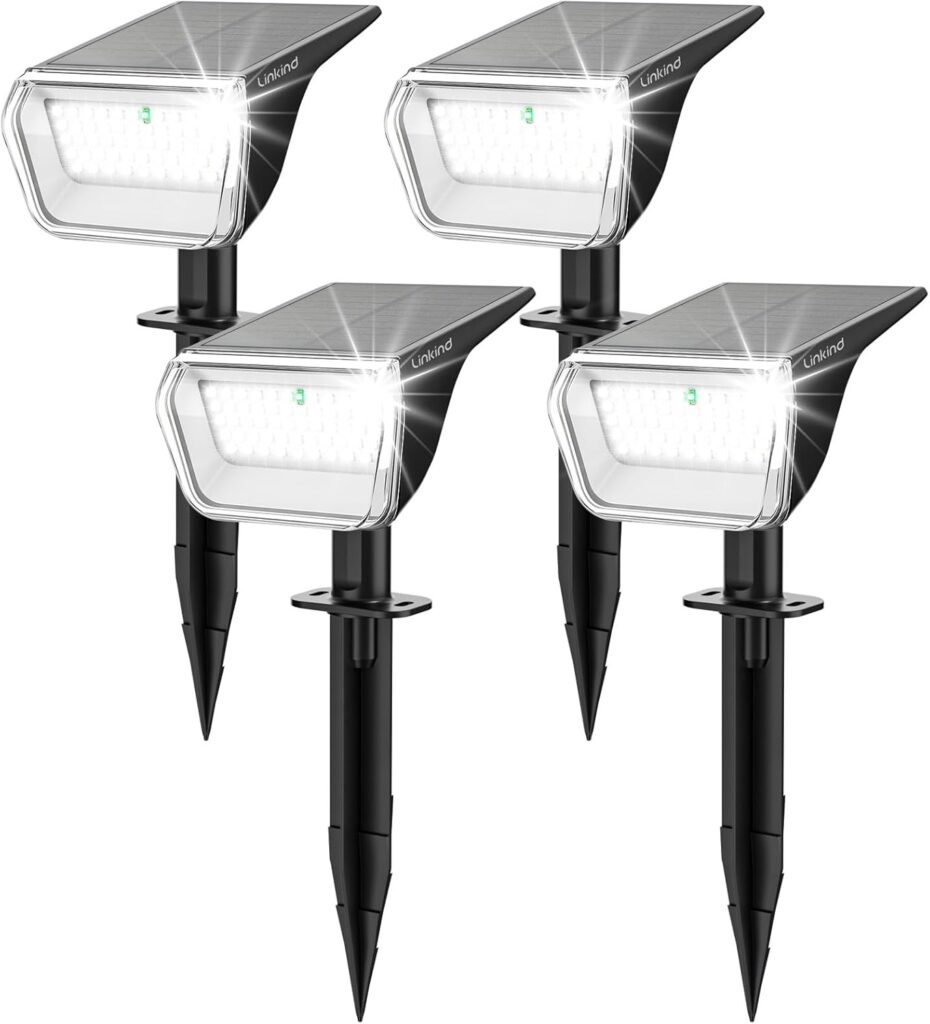 Linkind Solar Spot Lights Outdoor, 60 LEDs Solar Lights Outdoor Waterproof IP67 with 30% Conversion Rate, Ideal for Landscape, Garden, Yard, Pathway (4 Pack, Cool White)
