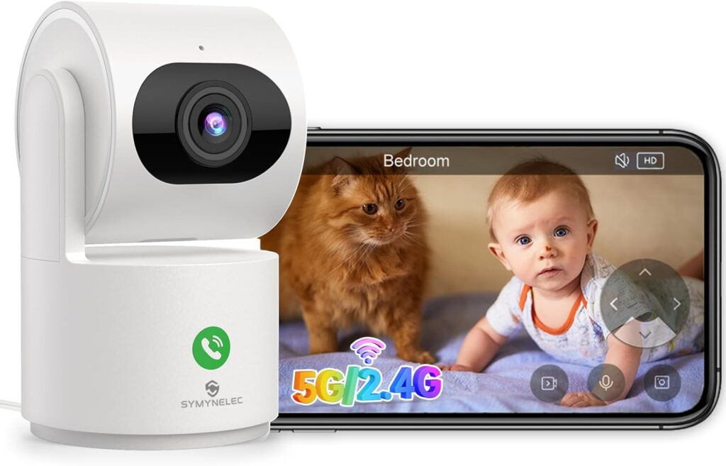 SYMYNELEC 5GHz Security Camera Indoor: 2K Baby Monitor with Phone App – Pet Camera with Speaker for Dog/Cat Owners – AI Motion Detection One-Touch Call Auto Tracking IR Night Vision TF/Cloud Storage
