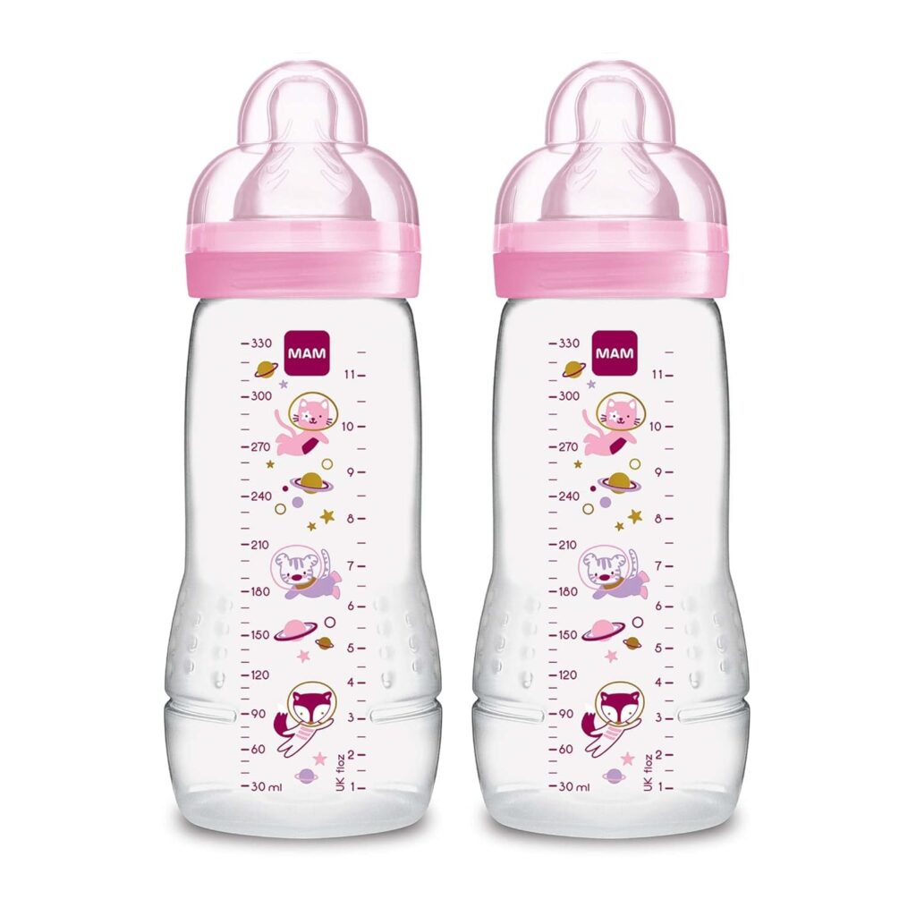 MAM Easy Active Baby Bottles 11oz, Fast Flow Skinsoft Silicone Nipple with Wide Neck Ergonomic Design, Easy to Hold, BPA-Free, Bottles with Leak-Proof Caps for 4+ Months Baby