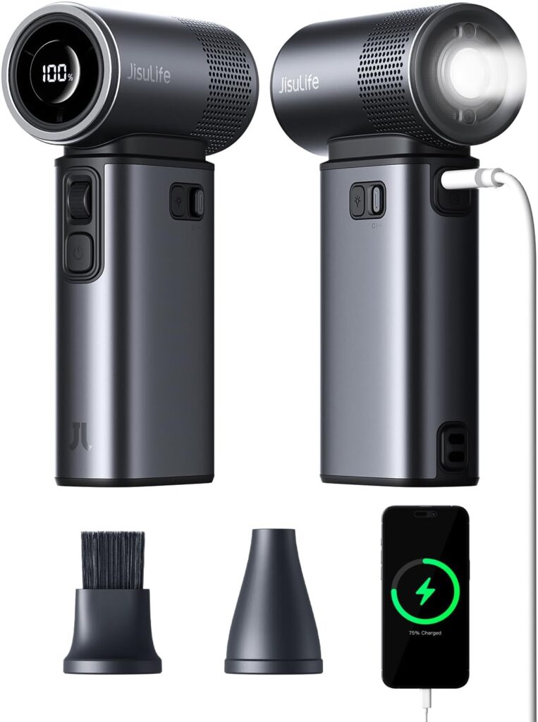 JISULIFE Portable Handheld Fan Ultra2, 9000mAh Max 25 Hrs, 5 IN 1, 100 Speed Turbo Fan Rechargeable 18W Power Bank with Flashlight, Metal Shell Multi-Function Travel Essentials Gifts for Men-Grey