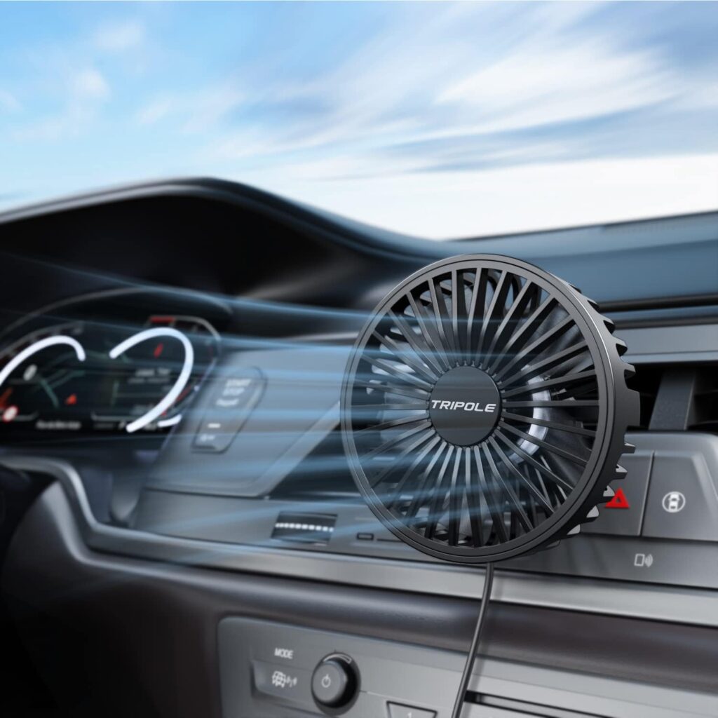 TriPole Car Fan USB Powered – Powerful 3 Speed, Portable Cooling Clip Fan for Car Vent, Quiet Brushless Motor, 360 Degree Rotatable, Air Circulation for Vehicle, Van, Truck, SUV, RV