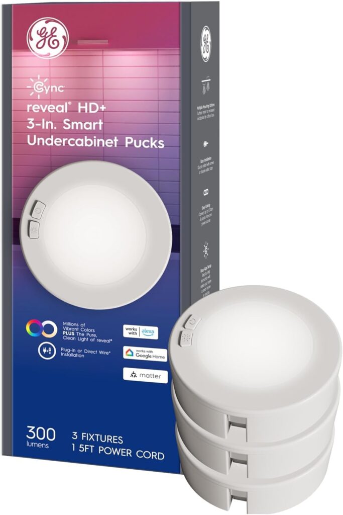 GE Cync Reveal HD+ Smart Undercabinet Puck Light Fixtures, Color Changing Undercab Puck Lights, Smart Wi-Fi Kitchen Lights, Works with Alexa and Google Home, 3-in (3 Pack)