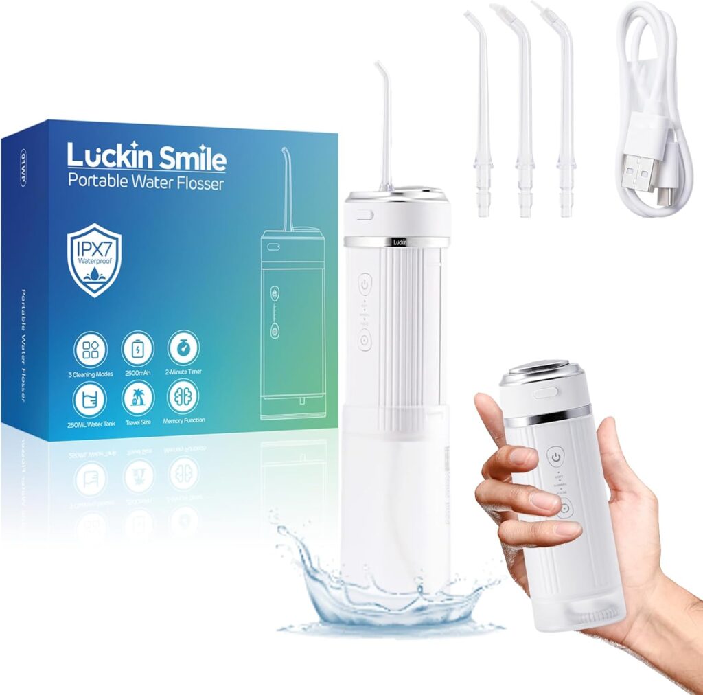 Luckin Smile Water Flossers for Teeth, Rechargeable Water Dental Flosser Cordless with 250ml Water Tank, Portable Oral Irrigator with 3 Modes & 3 Jet Tips IPX7 Waterproof for Home & Travel (White)