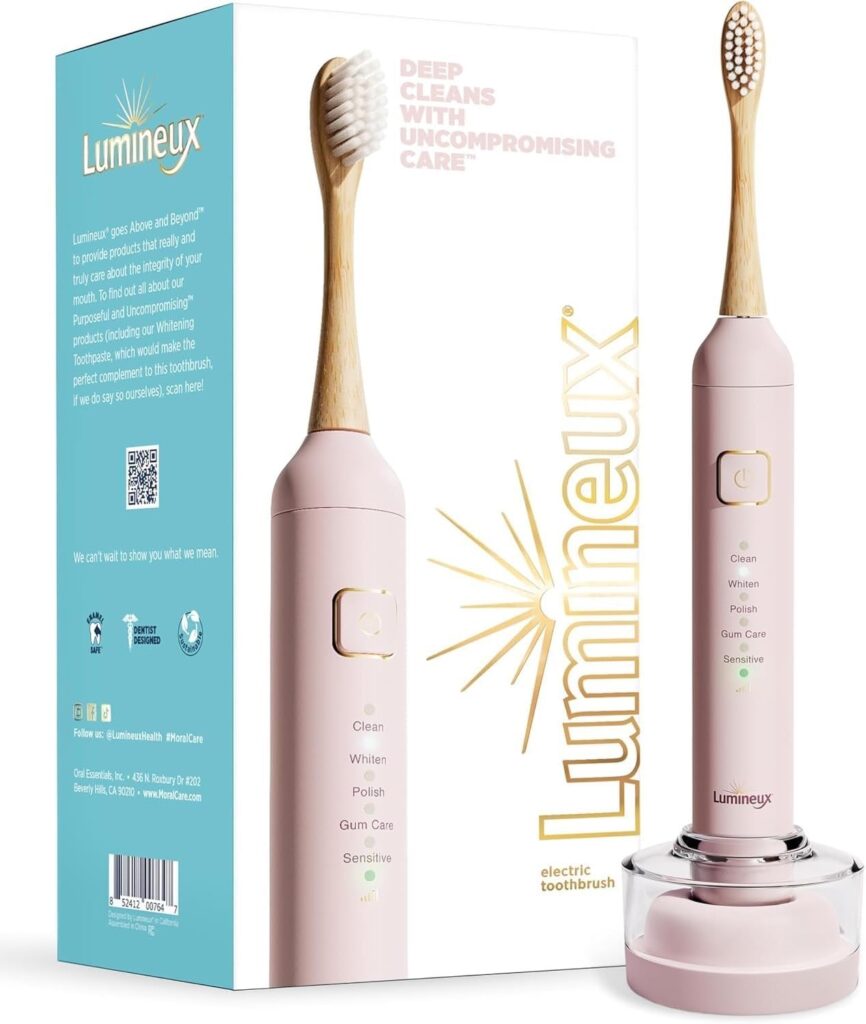 Lumineux Teeth Whitening Sonic Bamboo Electric Toothbrush for Adults – Includes 2 Soft Bristle Replaceable Bamboo Toothbrush Heads, Charging Station & USB Charge Cord – Rechargeable, Bloom Pink