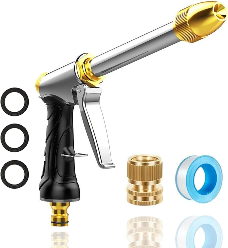 Heavy garden hose nozzle – adjustable spray mode high-pressure rotary spray gun, brass nozzle, anti slip grip and quick connector, suitable for lawn, plants, car washing, pets