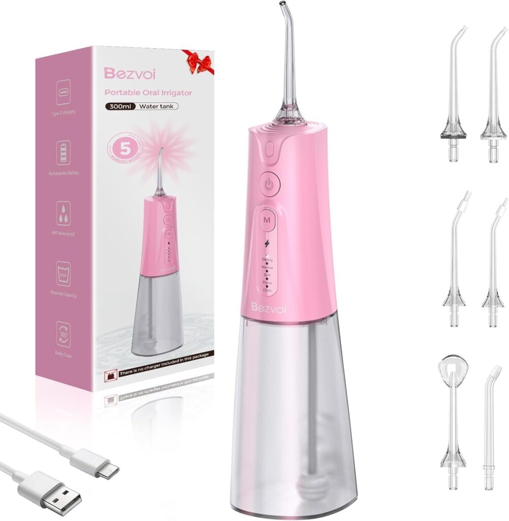Water Flosser Teeth Pick: 5 Modes Cordless Water Dental Floss 300ML Portable Rechargeable IPX7 Waterproof Electric Water Flossing Cleaning Picks with 6 Jet Tips Oral Irrigator Cleaner, Pink